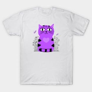 Bright Eyed Purple Kitty With Big Heart In The Garden T-Shirt